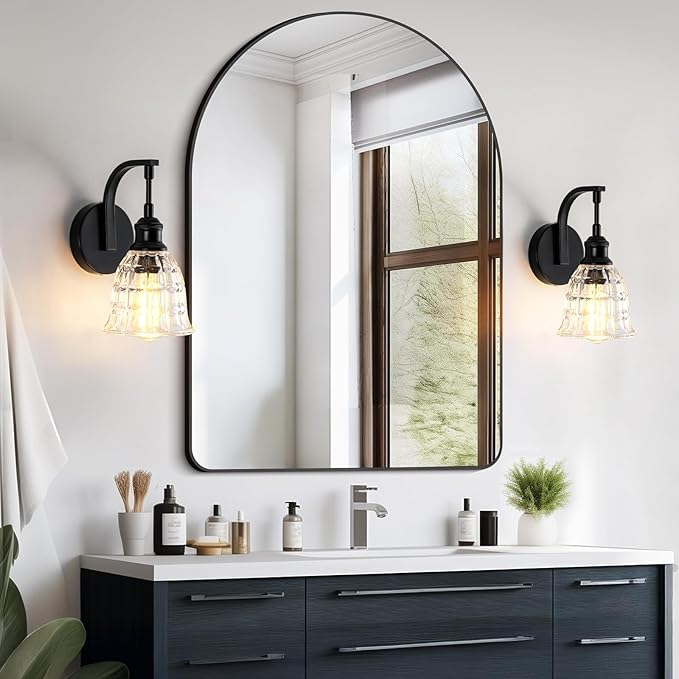 Blck Wall Sconce, Modern Matte Black Sconces Wall Lighting, Vintage Glass Light Fixtures, Indoor Wall Lamps for Bathroom Vanity Mirror Living Room Bedroom Kitchen Hallway Stairway E26 Hardwire