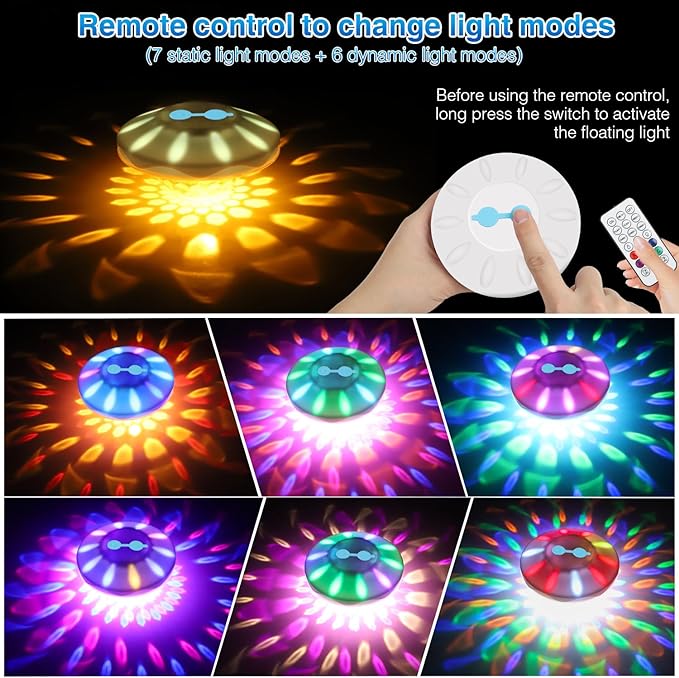 Rechargeable Floating Pool Lights(1 Pack), Pool Lights with 6 Dynamic Lighting, IP68 Waterproof Pool Light RGB Upper and Lower Color Changing LED Pool Light for Pools, Party, Ponds