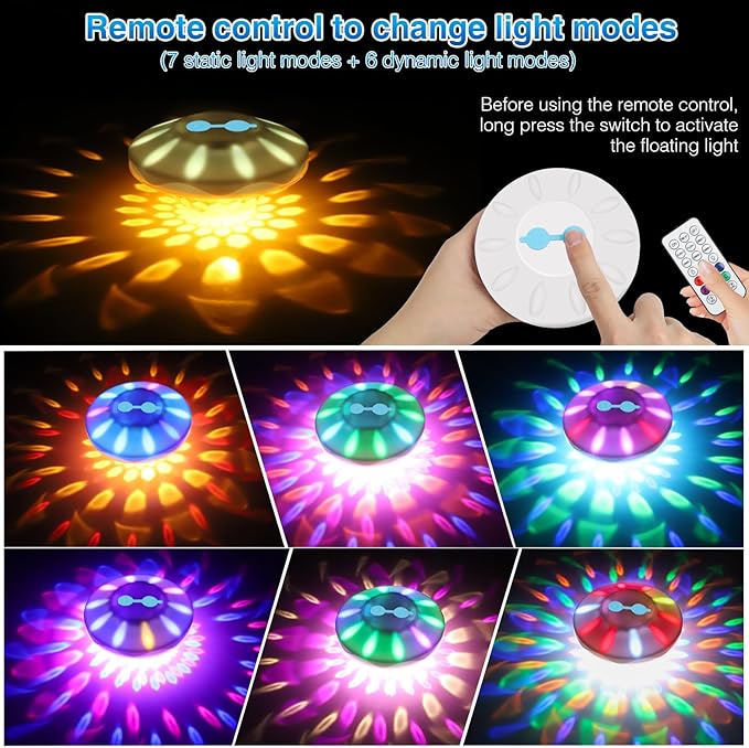 Floating Pool Lights(6 Pack), Pool Lights IP68 Waterproof, Rechargeable RGB Upper and Lower Color Changing Pool Floating Lights with 13 Color Changing LED Light for Pools, Garden,Paths