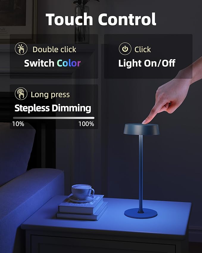 Cordless Lamp, Outdoor Waterproof, Dimmable Touch Control 3 Color Temperature, Battery Operated Portable, RGB, LED Memory Function, Rechargeable Table Lamp, Patio Dinning Restaurant Kitchen 2Pack Blue