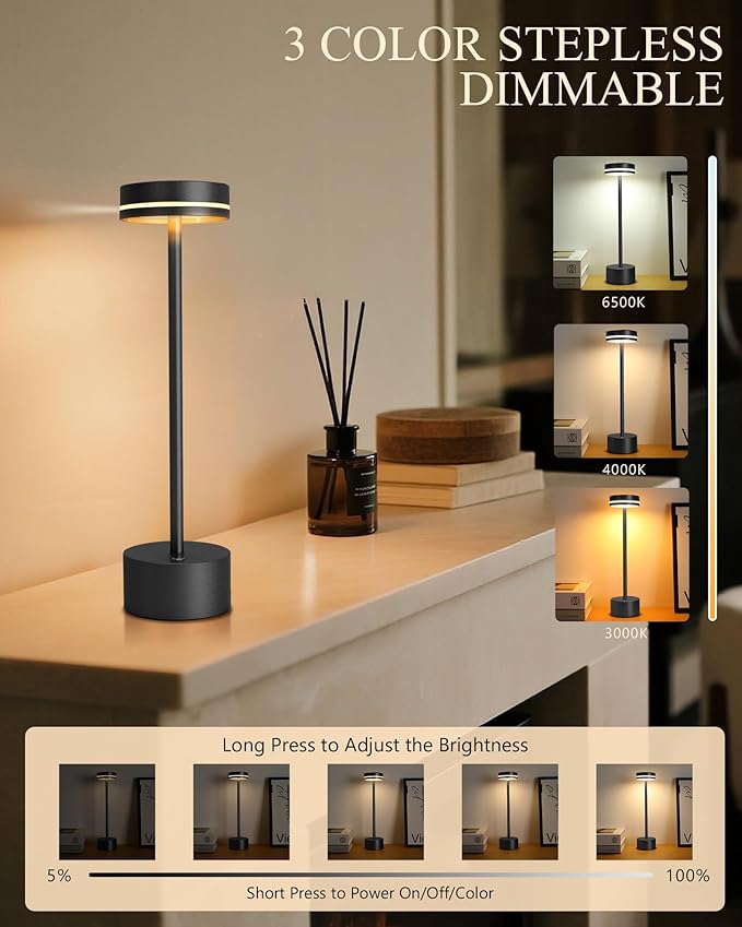 2 Pack LED Cordless Table Lamp Rechargeable, 5000mAh Portable Battery Operated LED Desk Lamp, 3 Color Dimmable Table Light for Reading/Home Office/Dining/Nightstand for Home Décor – Black