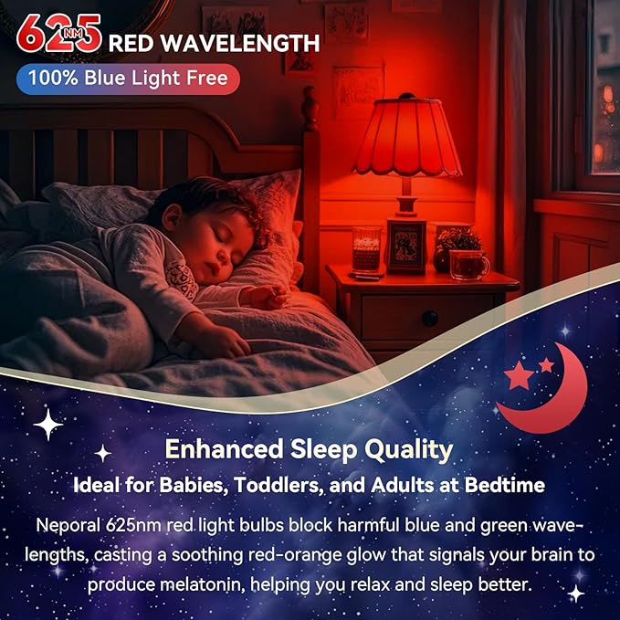 Neporal 625nm Red Light Bulbs for Sleep 3W, 100% Blue Light Blocking Light Bulbs for Melatonin Promoting, A19 LED 40W Equivalent Dim Red Night Light Bulb for Baby Nursery, Sleeping, Reading, 6-Pack