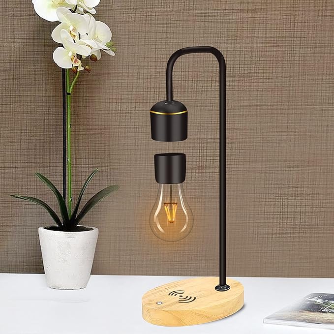 Magnetic Levitating Light Bulb Levitation Real Wood Black Floating Desk Lamp LED Night Lights with Luxury Wireless Charging Pad (Apple/Android) for Christmas Gift