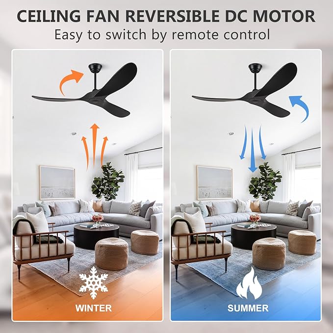 Eliora 52 Inch Ceiling Fan without Lights, Wood Ceiling Fans no Light with Remote Wall Switch and DC Motor, Indoor Outdoor Fan for Patio, Porch, Bedroom Propeller 3 Blades Ceiling Fans Matte Black