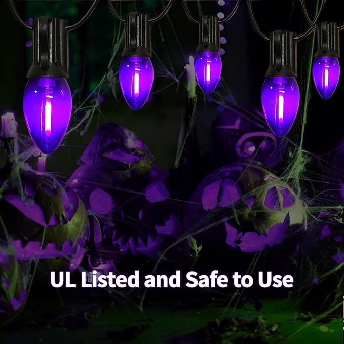 C7 Purple Halloween Lights Outdoor Indoor, 10FT Waterproof LED String Lights with Black Wire for Patio, Window, Door, Party Backdrop Décor