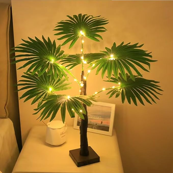 LED Artificial Palm Tree Lights Decorative Table Lamps 3xAA Battery or USB Powered for Summer Party Poolside Indoor Home Fireplace Bedroom Office Decor(23.6Inch/60CM)