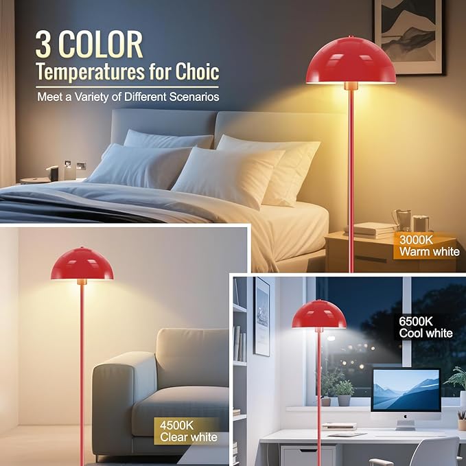 Modern Floor Lamps for Living Room, Red Metal Mushroom Lamp, 66" Tall Corner Lamp, Footswitch, Bright Industrial Standing Lamps for Bedroom Nursery, Mid Century Modern Home Decor(E26 Base, NO BULB)