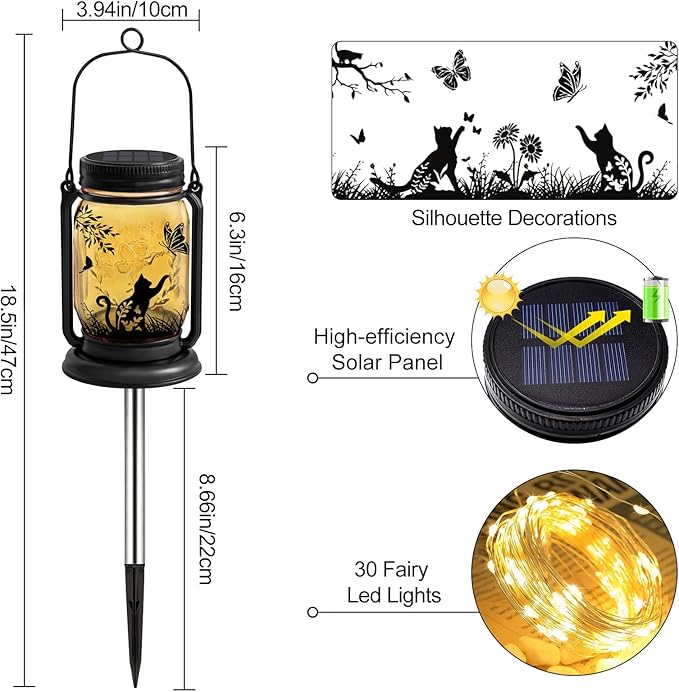 Cat Solar Lanterns 3-IN-1 Outdoor Waterproof - Birthday Gifts for Cat Lovers Women Mom Christmas, Mason Jar Hanging Lanterns with Stake, Garden Decor Lights for Patio Yard Balcony Decorations, 2 Pack