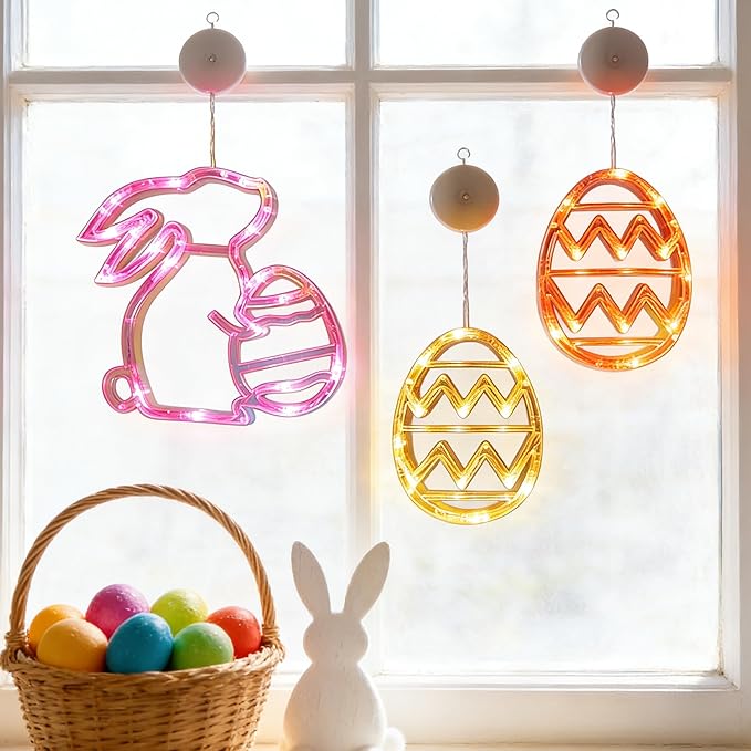 3 Pack Easter Lights for Window,Easter Window Hanging Lights Decorations LED Egg Shaped Battery Operated with Suction Cup for Home Bedroom Decor