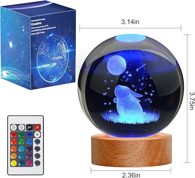 Bunny Lamp Easter Night Light, Crystal Rabbit Lamp 16 Color Changing with Remote Control for Bedroom Decor, Night Light Bunny