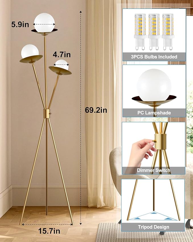3 Globe Dimmable Tripod Floor Lamp, Mid Century Tree Floor Lamps with 3Pcs 3000K Bulbs Included, Modern Standing Tall Lamp for Living Room Bedroom Home Office Corner-Gold