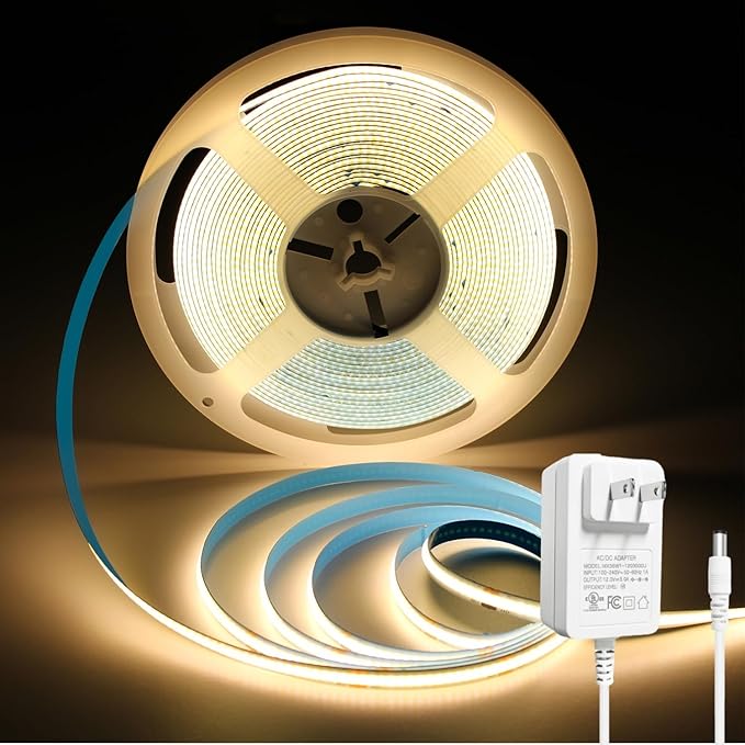 32.8FT/10m COB LED Strip Light, Warm White 3000K LED Tape Lights, 3200LEDS CRI93+ Flexible Dimmable Light Strip for Bedroom TV Backlight Mirror Kitchen Cabinet Wall Decor(with Plug)