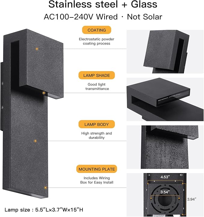 15" Modern Outdoor Wall Sconce, Waterproof LED Exterior Wall Light Fixture Hardwired, 3000K Lighting Outside Porch Lights Garage Patio Lamp, Front Door Landscape Lantern for House Yard Decorative