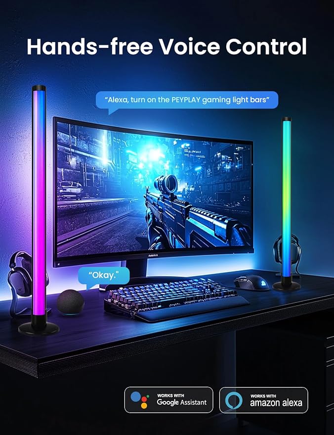 Smart LED Light Bars,USB Powered RGB+IC Ambient Lights with Music Sync, Voice & App Control, Stepless Dimming, DIY Mode, Compatible with Alexa & Google Assistant