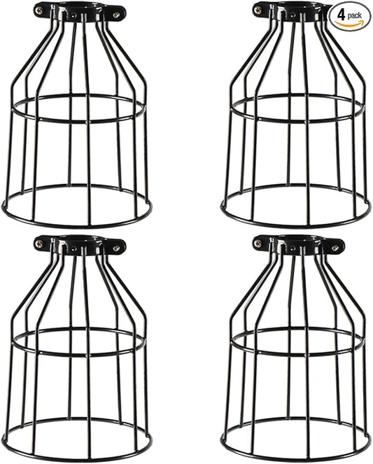 Farmhouse Vintage Industrial Metal Wire Cage, Old Open Style Lamp Guard Adjustable for Hanging Pendant Lighting, Perfect DIY Lamp Shade Replacement Accessories, Pack of 4.