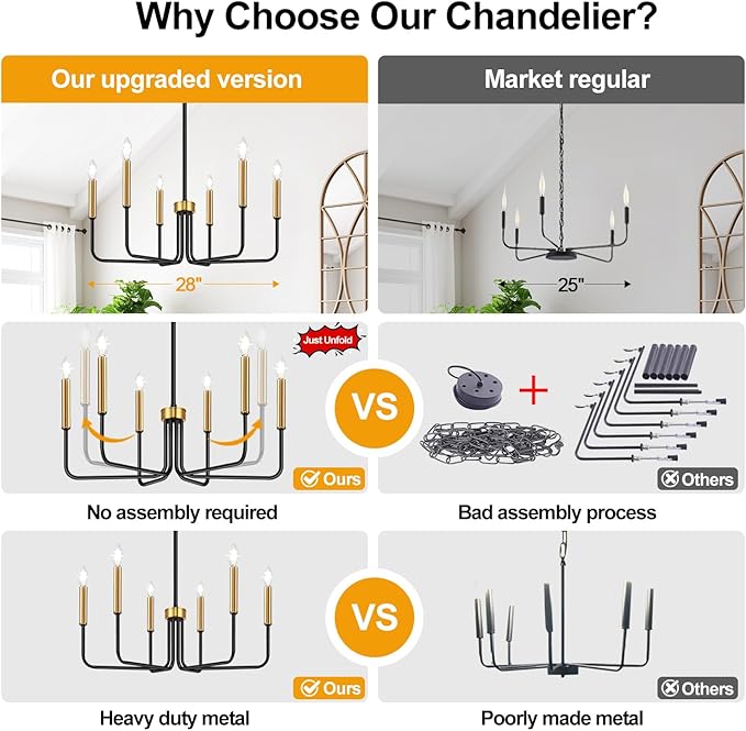 Black and Gold Chandelier, 6-Light Farmhouse Chandelier for Dining Room Lighting Fixtures Hanging, Dining Light Fixtures Industrial Modern Light Fixture for Bedroom, Foyer, Living Room and Entryway