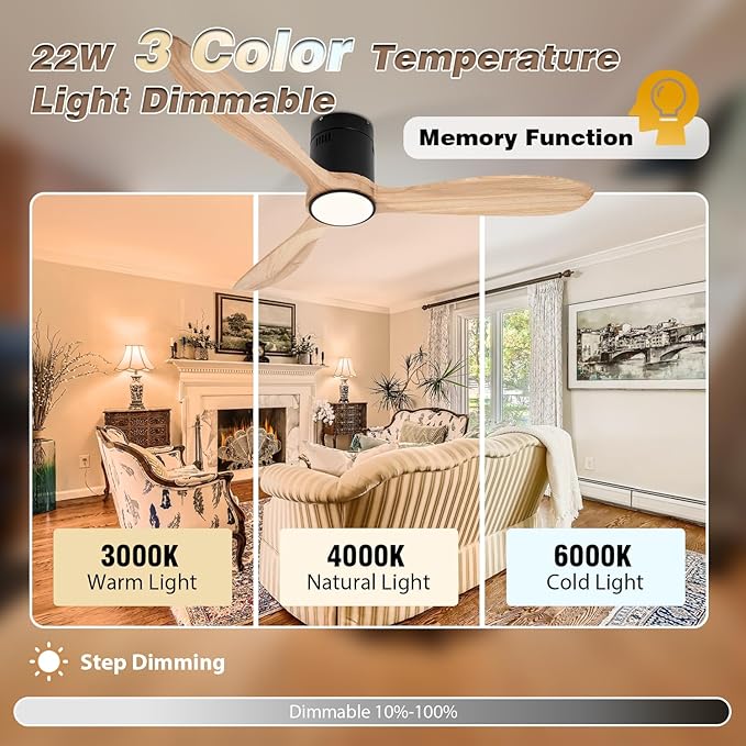 VACILL Flush Mount Ceiling Fan with Light,Low Profile Ceiling Fan,Natural Wooden Fan Blades,6 Speed,LED Dimmable,DC Motor,52 inch,Natural Wood Blade