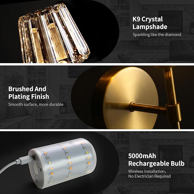 Battery Operated Crystal Wall Sconce Set of 2, Gold Rechargeable Wireless Wall Sconces with Remote Dimmable 12 Colors Modes Led Wall Lights, Wall Lamp for Bedroom Living Room Hallway, 2 Bulbs Included