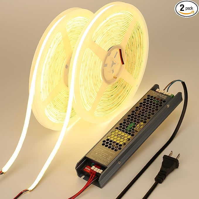 24V Diffused COB LED Strip Light 65.6ft (2 Rolls of 32.8ft), 4000K Natural White Outdoor Milky Silicone Waterproof, 11W/M CRI 93 LED Tape Lights with Power Supply for Bedroom Courtyard