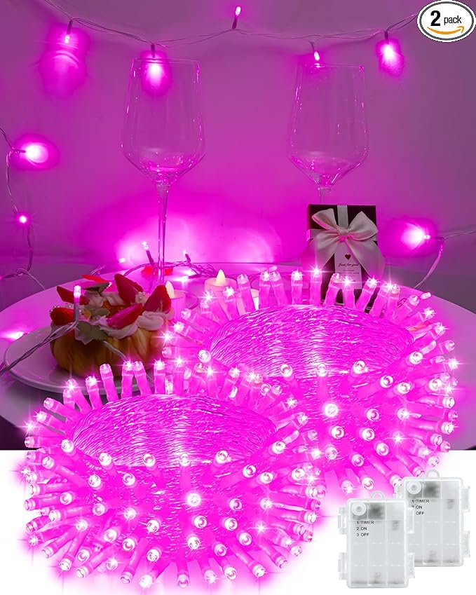 Pink String Lights Battery Operated, Valentine’s Day Lights with Timer Waterproof 16.4ft 50 LED Valentines Decorations for Outdoor Indoor Patio Party Garden Yard Decor 2 Packs