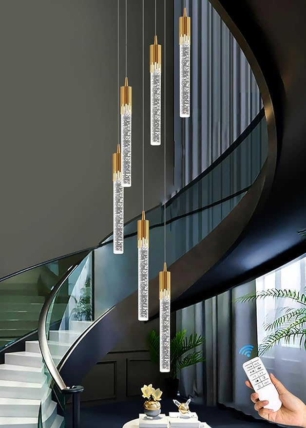 Flashing God 6-Lights Gold Modern Chandelier for High Ceiling Crystal Bubble Chandelier Light Fixture,Luxury Modern Pendant Light Fixture for Dining Room Dimmable with Remote