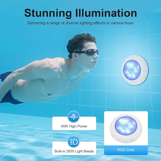 45W 12V LED Pool Light 3000LM RGB Color-Changing Waterproof IP68 Underwater LED Lights Swimming Pool Fountain Pond Colorful Lamp with Remote Controller