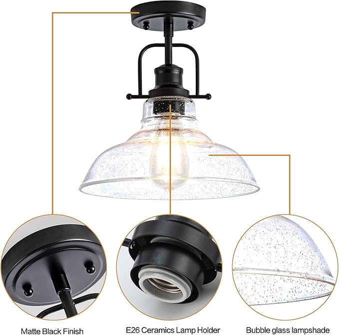 Flush Mount Ceiling Light Fixture < Bulb NOT Included >, Black Metal Frame Ceiling Light Fixture with Seeded Glass, Farmhouse Light Fixture for Kitchen Island Entryway Porch Foyer