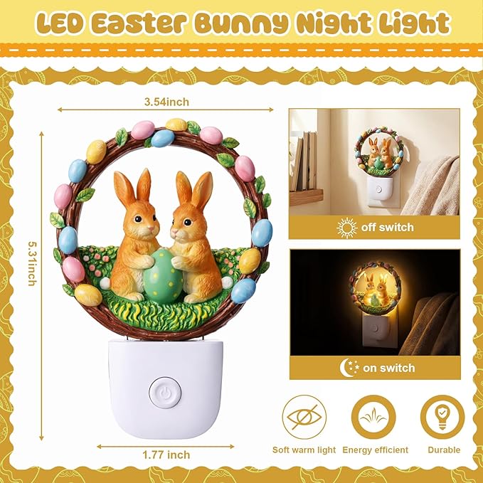 VIHOSE Easter Night Light Easter Bunny Light Decoration Plug into Wall LED Nightlight Resin Egg Wreath Flower Bunny Decorative Lamp for Spring Indoor Bedroom Room Home Nursery Rabbit Lighting Gifts