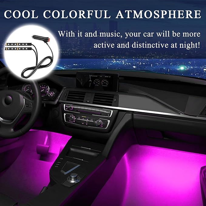 Car LED Strip Light, 12V 24 LEDs Auto Interior Atmosphere Lamp with Cigarette Adapter Plug, Vehicle Under Dash Ambient Neon Night Light Decorative Strip, Car Accessories (Pink Purple)