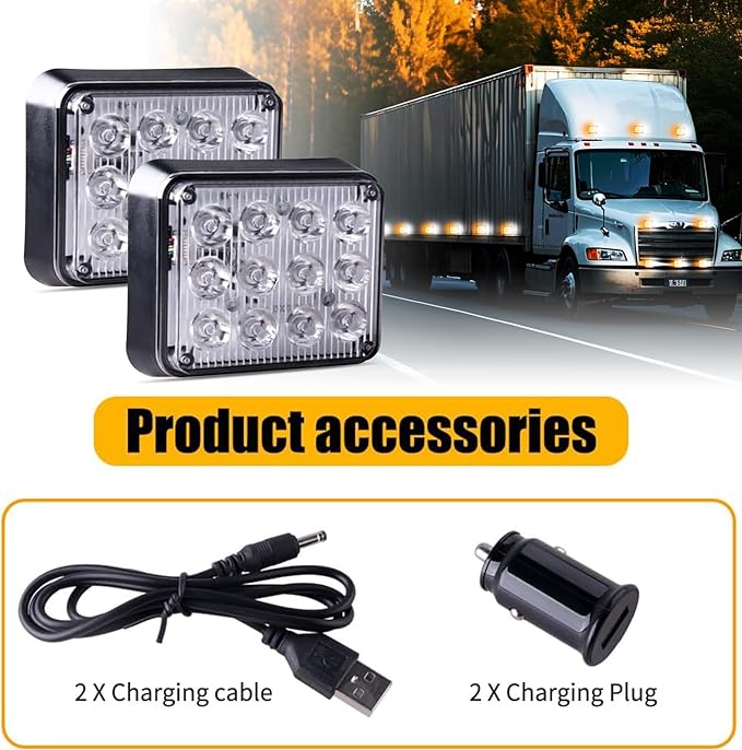 2PCS Magnetic Strobe Lights for Trucks Rechargeable LED Flashing Lights Wireless Portable LED Road Flares Marker Emergency Safety Warning Lights for Trucks Vehicles Car Tow RV(Amber White)