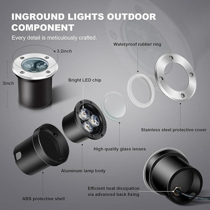 8Pack Low Voltage Landscape Lights with Connectors 3W LED 12-24V In-Ground Lighting IP67 Waterproof Garden Light 6500K Outdoor Decorative Lights for Yard Pathway Wall Patio (Cool White)