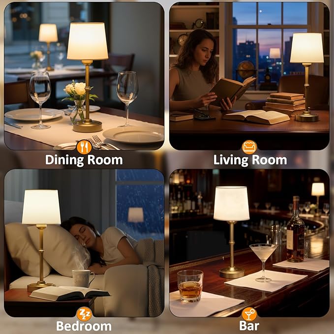 Cordless Table Lamp Rechargeable, Portable Battery Operated Light for Bedroom Living Room, 6000mAh Fabric Shade Desk Lamp 3000K Eye-Caring Home Decor for Dining Balcony Patio Counter Nightstand Hotel