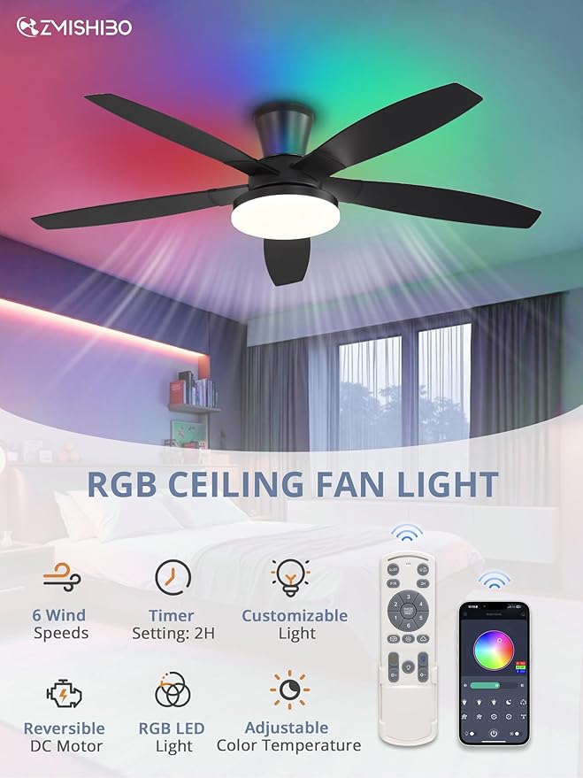 ZMISHIBO 52 inch RGB Ceiling Fans with Lights and Remote/APP Control,Black Low Profile Ceiling Fan with Quiet DC Motor,LED Dimmable, Modern Flush Mount Ceiling Fan for Bedroom Indoor,Party, Patio