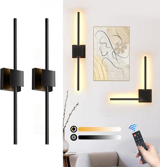 Battery Operated Wall Sconces Set of 2, 𝐔𝐩𝐠𝐫𝐚𝐝𝐞𝐝 12000mAh Rotatable Picture Lights with Remote Control, Dimmable 3000-6500K LED Rechargeable Wall Lights for Living Room Bedroom Mirror, 28.3In