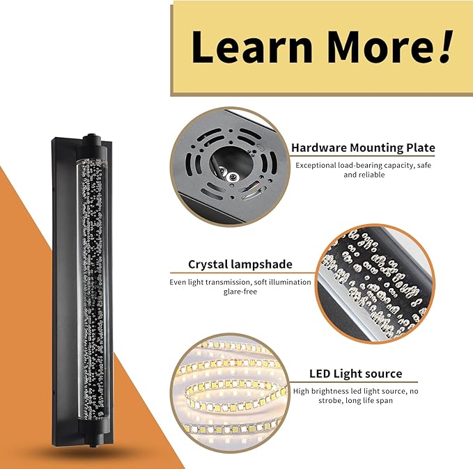 Black Outdoor Wall Sconce, 23.6inch Bubble Crystal Modern Wall Mounted Lights, 3000K-6500K Dimmable Waterproof LED Exterior Lamp Lighting for Porch, Garage, Patio, Living Room, Indoor