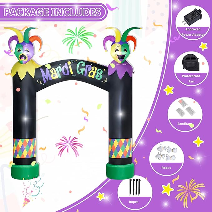 10FT Mardi Gras Inflatable Arch with LED Lights - Easter Blow Up Outdoor Decoration, Jester Mask Archway for Party/Yard/Garden/Lawn, Built-in Sandbags & Easy Set up