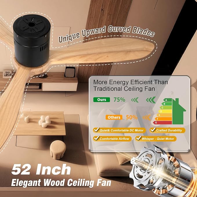 VACILL Flush Mount Ceiling Fan with Light,Low Profile Ceiling Fan,Natural Wooden Fan Blades,6 Speed,LED Dimmable,DC Motor,52 inch,Natural Wood Blade