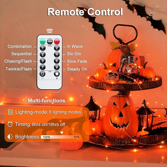 JMEXSUSS 2 Pack Orange Fairy Lights, Total 200 LED 66ft Battery Operated Halloween Lights with Remote, 8 Modes Twinkle String Light for Halloween Thangksgiving Fall Tree Indoor Outdoor Decoration