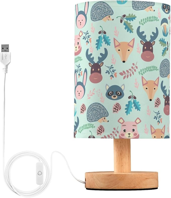 Table Lamp Cute Animal Fox Deer Bear Rabbit Hedgehog Mushroom Forest Pattern Nightstand Lamp with Wood Base Fabric Lamp Shade Bedside Desk Lamp for Living Room Bedroom Kids Room Office