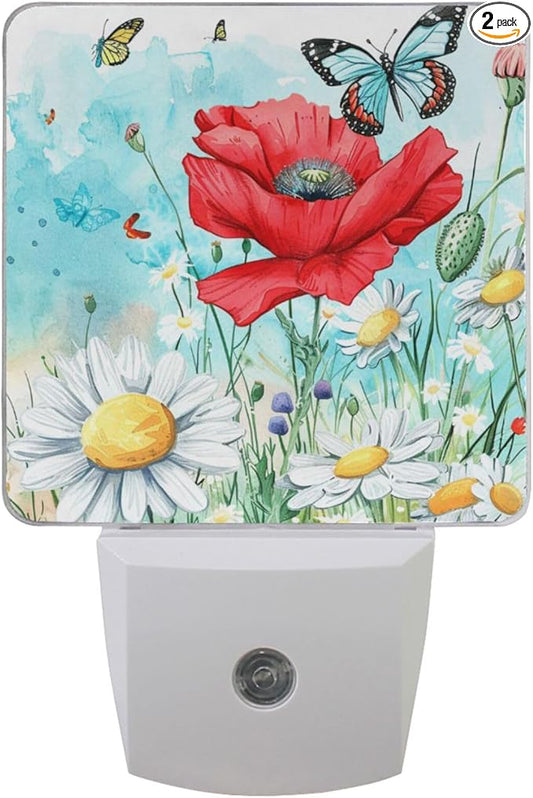 Vdsrup Spring Butterfly Bee Night Light Set of 2 Summer Poppy Flowers Nightlights Daisy Dragonfly Plug-in LED Nightlight Auto Dusk-to-Dawn Sensor Lamp for Bedroom Bathroom Kitchen Hallway Stairs