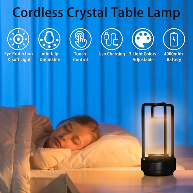 Cordless Rechargeable Table Lamps, Portable Lumisom Crystal Small Lantern Lamp with Touch Control & 3 Color Dimmable, 4000mAh Battery-Powered Klarako Crystal Desk Lanter (Black)