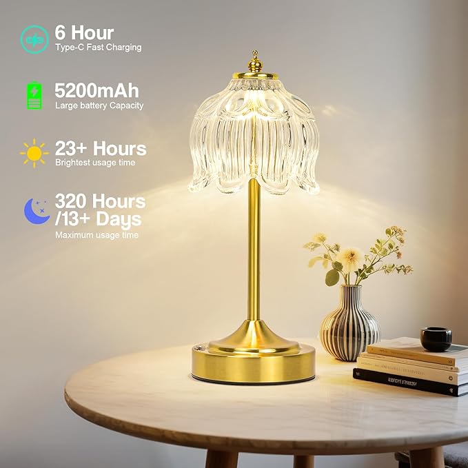 Cordless Lotus Flower Table Lamp, 5200mAh Rechargeable Battery Operated Portable Lamp, 3-Color Dimmable Touch Control Small Desk Lamp for Bedroom, Office, Kitchen, Nightstand,Room Decor (Flower Clear)