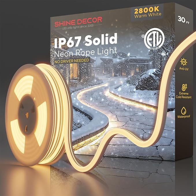 Shine Decor Outdoor LED Neon Rope Light, IP67 Waterproof Solid Silicone Enclosed Lighting Strip, ETL Listed Durable for -40F Extreme Cold Weatherproof, 120V No Driver Plug&Play 29ft 2800K Warm White