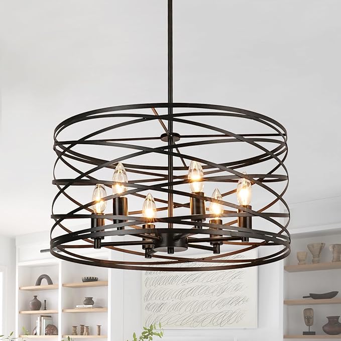 WILON 6-Light Pendant Lights Kitchen Island,19.68'' Spiral Cage Pendant Lights,Adjustable Black Industrial Pendant Light Fixtures Retro Lighting for Kitchen Island, Living Room, Bedroom