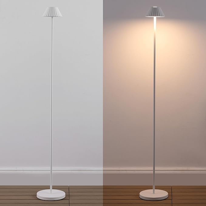 Eyely EYL7168B Jenny 44" Modern Minimalist Indoor/Outdoor Iron Pleated Shade Rechargeable/Cordless Dimmable Integrated LED Floor Lamp, White