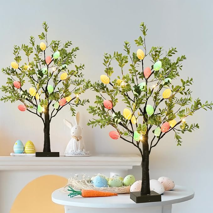 EAMBRITE Easter Decorations Easter Tree with Eggs, 2Ft Tabletop Tree with 24 LED Lights, Lighted Artificial Tree Battery/USB Operated Light up Easter Egg Tree for Spring Home Decor (2 Pack)