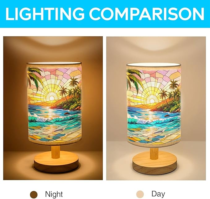 Tropical Island and Blue Ocean Table Lamp LED 3-Color Pressed Bedside, Tropical Island and Blue Ocean Shade Lamp with Wood Base for Bedroom Living Room Desk Office TL01