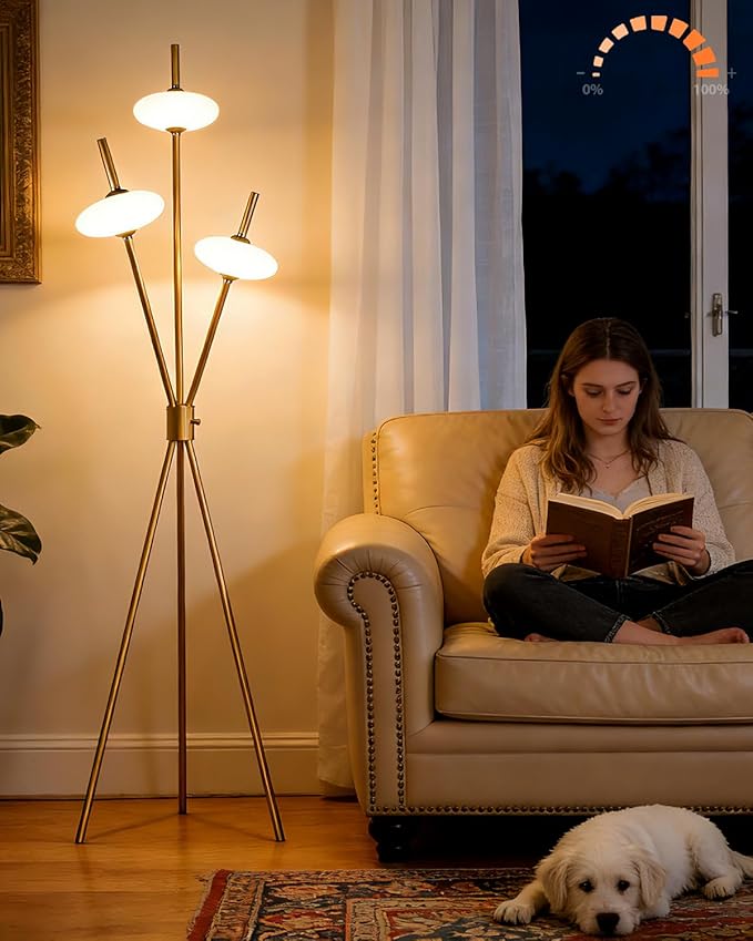 Lightdot Tripod Floor Lamp Stepless Dimmable Gold Standing Tall Lamps with 3PCS Elliptical Lampshades Mid Century Modern Floor Lamps for Living Room/Bedroom/Sofa Beside/Corner Decor