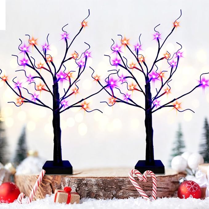2-Pack Lighted Halloween Christmas Fall Tree Decorations Indoor, 2ft Black Birch Tree with LED Lights, Small Tabletop Christmas tree with lights, Warm White Battery- Powered Fairy Light Spirit