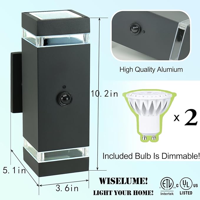 Motion Sensor Outdoor Wall Lights, Dusk to Dawn Exterior Sconce, Black Aluminum Waterproof Porch Light Fixtures with GU10 LED Bulbs, Modern Wall Mount Lighting for House Garage, ETL Listed